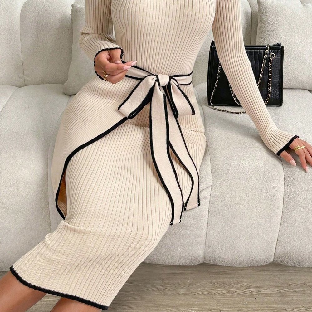 PASSION Contrast Binding Turtleneck Belted Sweater Dress - Picture 8 of 15